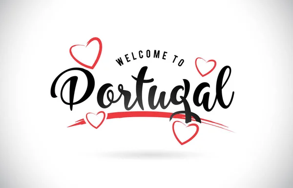 Португалия Встречает Слово Рукописным Шрифтом Красными Сердечками Любви — стоковый вектор