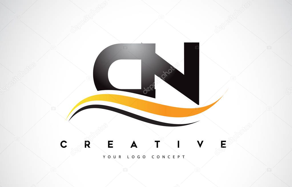 CN C N Swoosh Letter Logo Design with Modern Yellow Swoosh Curved Lines Vector Illustration.