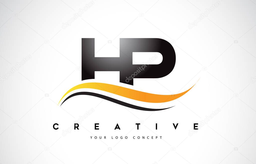 HP H P Swoosh Letter Logo Design with Modern Yellow Swoosh Curved Lines Vector Illustration.