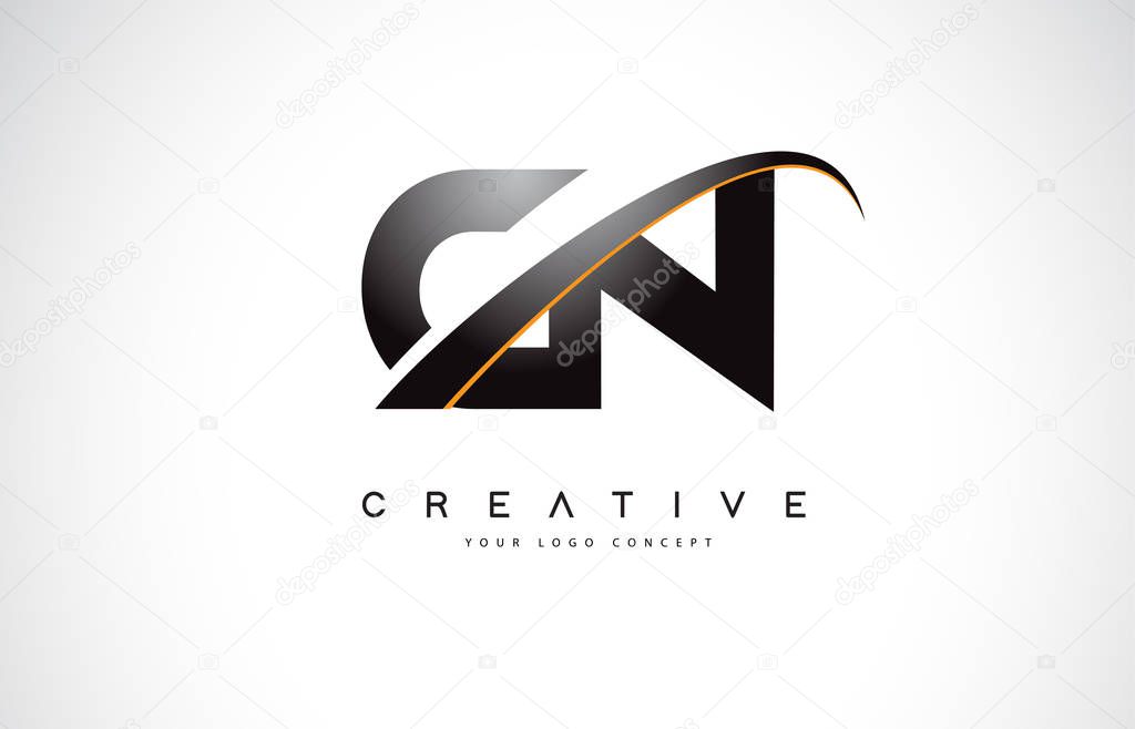 CN C N Swoosh Letter Logo Design with Modern Yellow Swoosh Curved Lines Vector Illustration.