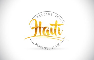 Word metni el yazısı yazı tipi ve altın doku tasarım illüstrasyon vektör Haiti hoşgeldiniz.