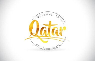 Word metni el yazısı yazı tipi ve altın doku tasarım illüstrasyon vektör Hoşgeldiniz Katar.