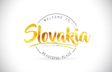 Word metni el yazısı yazı tipi ve altın doku tasarım illüstrasyon vektör Slovakya hoşgeldiniz.