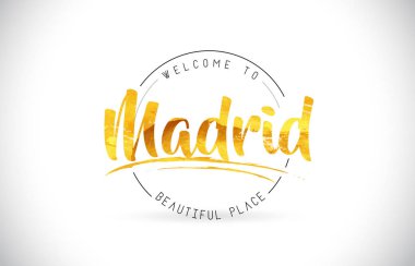 Word metni el yazısı yazı tipi ve altın doku tasarım illüstrasyon vektör Madrid hoşgeldiniz.
