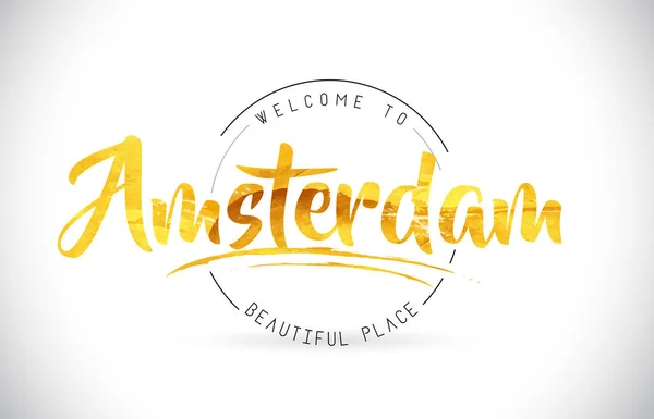 阿姆斯特丹欢迎使用手写字体和金色纹理设计插图向量的文字文本 — 图库矢量图片