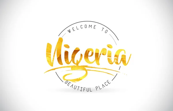 尼日利亚欢迎使用手写字体和金色纹理设计插图向量的文字文本 — 图库矢量图片