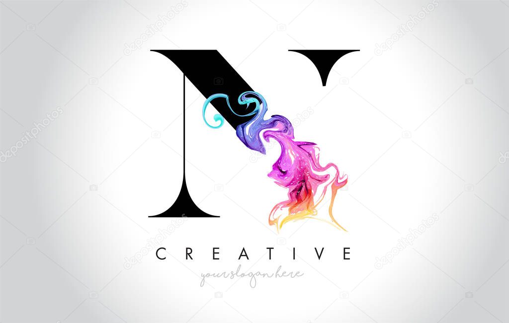 N Vibrant Creative Leter Logo Design with Colorful Smoke Ink Flowing Vector Illustration.