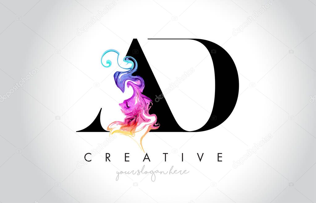 AD Vibrant Creative Leter Logo Design with Colorful Smoke Ink Flowing Vector Illustration.