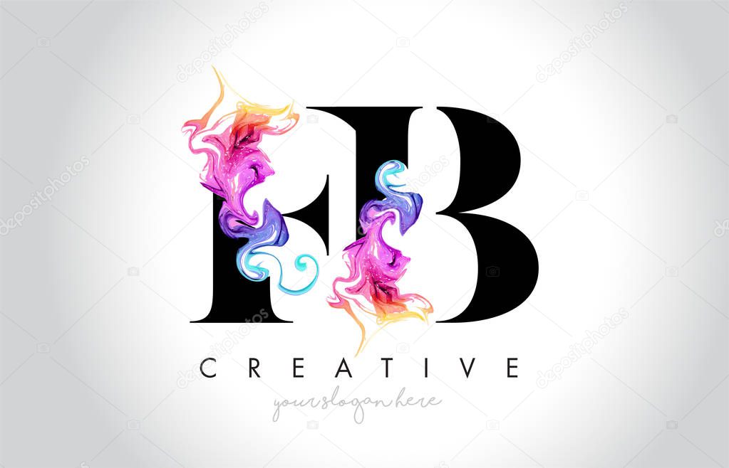 FB Vibrant Creative Leter Logo Design with Colorful Smoke Ink Flowing Vector Illustration.