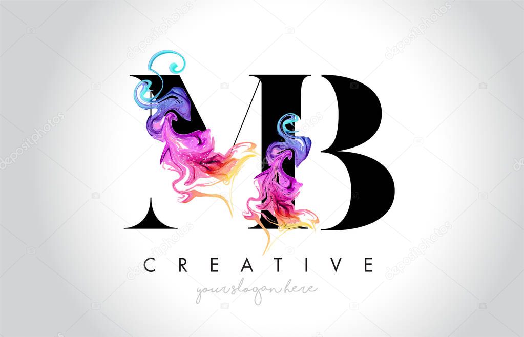 MB Vibrant Creative Leter Logo Design with Colorful Smoke Ink Flowing Vector Illustration.