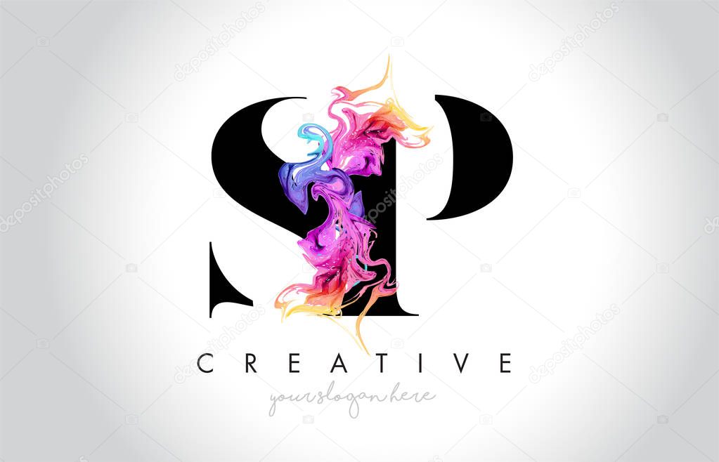 SP Vibrant Creative Leter Logo Design with Colorful Smoke Ink Flowing Vector Illustration.