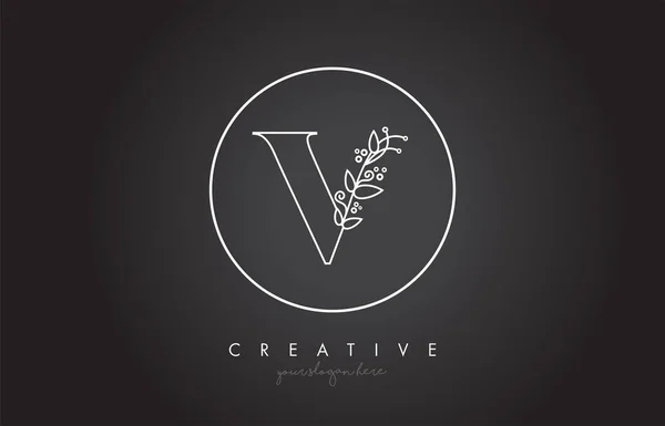 V Letter Logo With Organic Monogram Plant Leafs Detail and Circle Design. Creative Letter Icon Logo.