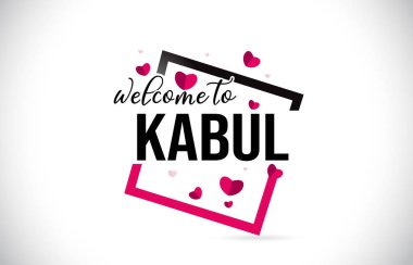 Word metni el yazısı yazı tipi ve illüstrasyon kırmızı kalpler kare tasarlamak vektör KABİL hoşgeldiniz.