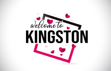 Word metni el yazısı yazı tipi ve illüstrasyon kırmızı kalpler kare tasarlamak vektör Kingston hoşgeldiniz.