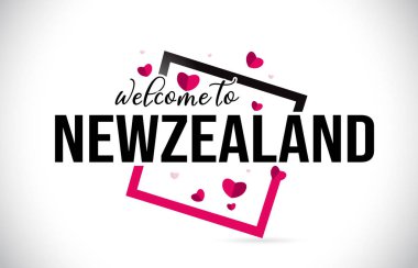 Word metni el yazısı yazı tipi ve illüstrasyon kırmızı kalpler kare tasarlamak vektör Hoşgeldiniz newzealand.