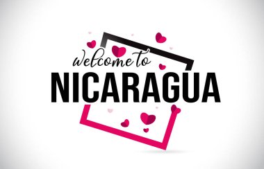 Word metni el yazısı yazı tipi ve illüstrasyon kırmızı kalpler kare tasarlamak vektör Nikaragua hoşgeldiniz.