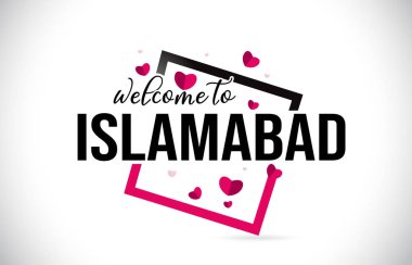 Word metni el yazısı yazı tipi ve illüstrasyon kırmızı kalpler kare tasarlamak vektör Islamabad hoşgeldiniz.