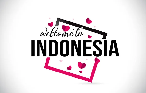 Indonesia Welcome Word Text Handwritten Font Red Hearts Square Design - Stok Vektor