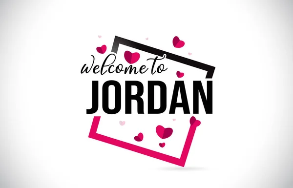 Jordan Welcome Word Text Handwritten Font Red Hearts Square Design — Stock Vector