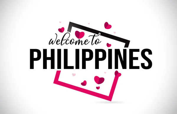 Philippines Welcome Word Text Handwritten Font Red Hearts Square Design — Stock Vector