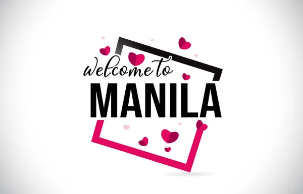 Manila Welcome Word Text Handwritten Font Red Hearts Square Design — Stock Vector