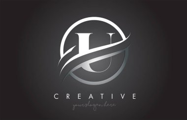 U harfi simgesi Logo Tasarım daire çelik ile Swoosh kenarlık ve Metal doku. Yaratıcı U tasarlamak vektör.