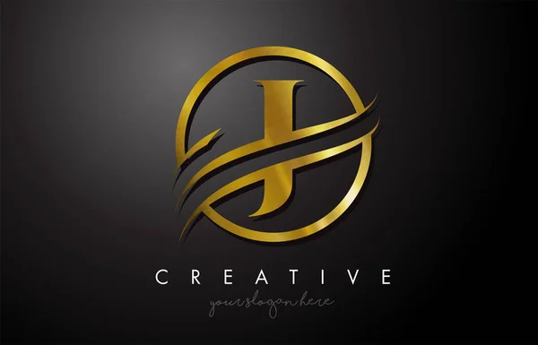 Golden Letter Logo Design Con Circle Swoosh Gold Metal Texture — Vector de stock
