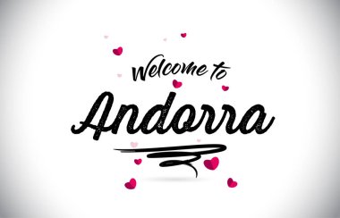 Word metni el yazısı yazı tipi ve pembe kalp şekli tasarlamak vektör Hoşgeldiniz Andorra.
