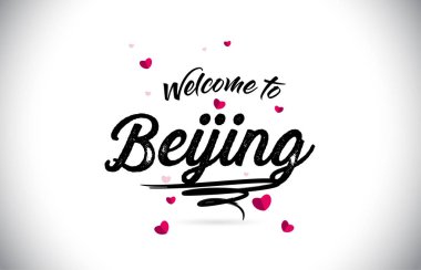 Word metni el yazısı yazı tipi ve pembe kalp şekli tasarlamak vektör Beijing Hoşgeldiniz.