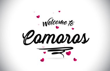 Word metni el yazısı yazı tipi ve pembe kalp şekli tasarlamak vektör Hoşgeldiniz Komor Adaları.