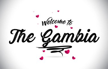 Word metni el yazısı yazı tipi ve pembe kalp şekli tasarlamak vektör Gambiya Hoşgeldiniz.