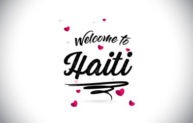 Word metni el yazısı yazı tipi ve pembe kalp şekli tasarlamak vektör Haiti Hoşgeldiniz.