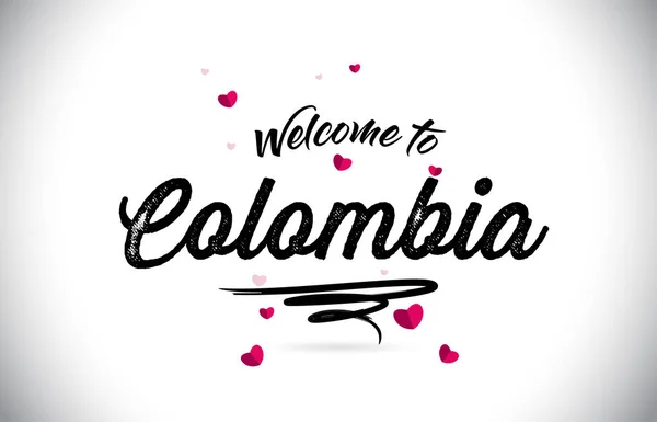哥伦比亚欢迎使用手写字体和粉红色心形设计向量插图的文字文本 — 图库矢量图片