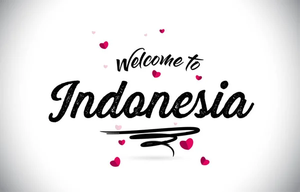 手書き風のフォントとピンクのハート形デザイン ベクトル イラストで単語テキスト インドネシアへようこそ — ストックベクタ