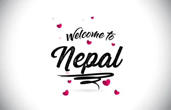 尼泊尔欢迎使用手写字体和粉红色心形设计向量插图的文字文本 — 图库矢量图片