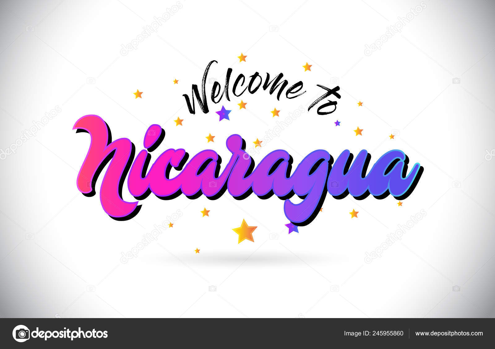 紫ピンク手書きフォントと黄色の星形状デザイン ベクトル イラスト Word テキスト ニカラグアへようこそ ストックベクター C Twindesigner