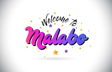 Mor pembe el yazısı yazı tipi ve sarı yıldız şekil tasarım vektör Illusration Word metin Malabo Hoşgeldiniz.