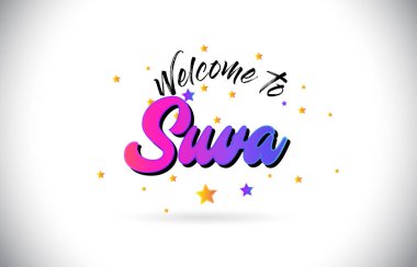 Mor pembe el yazısı yazı tipi ve sarı yıldız şekil tasarım vektör Illusration Word metin Suva Hoşgeldiniz.