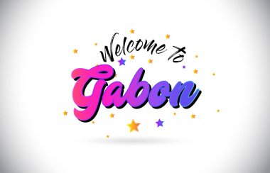 Mor pembe el yazısı yazı tipi ve sarı yıldız şekil tasarım vektör Illusration Word metin Gabon Hoşgeldiniz.