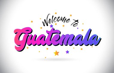 Mor pembe el yazısı yazı tipi ve sarı yıldız şekil tasarım vektör Illusration Word metin Guatemala Hoşgeldiniz.