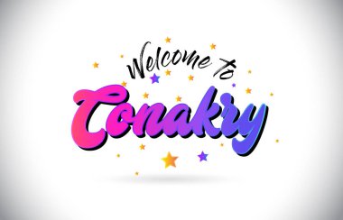 Mor pembe el yazısı yazı tipi ve sarı yıldız şekil tasarım vektör Illusration Word metin Conakry Hoşgeldiniz.