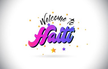 Mor pembe el yazısı yazı tipi ve sarı yıldız şekil tasarım vektör Illusration Word metin Haiti Hoşgeldiniz.