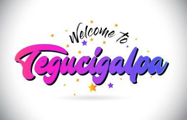 Mor pembe el yazısı yazı tipi ve sarı yıldız şekil tasarım vektör Illusration Word metin Tegucigalpa Hoşgeldiniz.