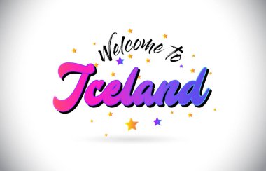 Mor pembe el yazısı yazı tipi ve sarı yıldız şekil tasarım vektör Illusration Word metin İzlanda Hoşgeldiniz.