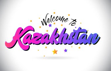 Mor pembe el yazısı yazı tipi ve sarı yıldız şekil tasarım vektör Illusration Word metin Kazakistan Hoşgeldiniz.