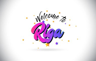 Mor pembe el yazısı yazı tipi ve sarı yıldız şekil tasarım vektör Illusration Word metin Riga Hoşgeldiniz.