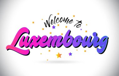 Mor pembe el yazısı yazı tipi ve sarı yıldız şekil tasarım vektör Illusration Word metin Lüksemburg Hoşgeldiniz.