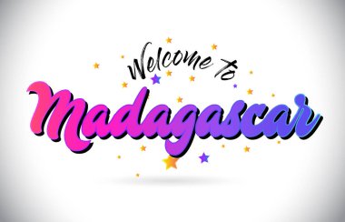 Mor pembe el yazısı yazı tipi ve sarı yıldız şekil tasarım vektör Illusration Word metin Madagaskar Hoşgeldiniz.