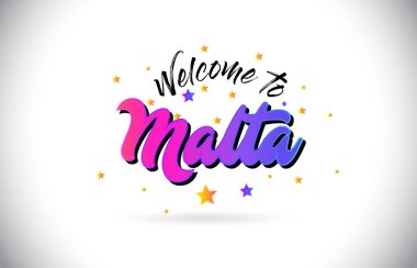 Mor pembe el yazısı yazı tipi ve sarı yıldız şekil tasarım vektör Illusration Word metin Malta Hoşgeldiniz.