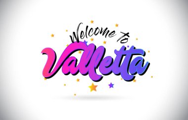 Mor pembe el yazısı yazı tipi ve sarı yıldız şekil tasarım vektör Illusration Word metin Valletta Hoşgeldiniz.